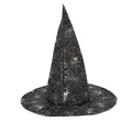 Close-up of black oxford cloth witch hat with silver spiderweb pattern for Halloween - One Size / Silver Spider Web