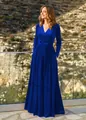 Élégante robe longue bleu roi en velours à manches longues et col en V pour demoiselles d'honneur - S / Tops / Bleu
