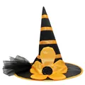 Classic black and orange striped Halloween witch hat featuring a large yellow flower decoration - One Size / Sunflower Decoration Style (Yellow)