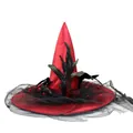 Premium red satin witch hat featuring black feather accents and decorative mesh veil - One Size / Red Satin Decoration Style