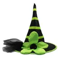 Halloween witch hat in black and green stripes with a large satin flower and black tulle detail - One Size / Green Satin Decoration Style