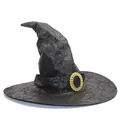 Classic weathered black oxford cloth witch hat with decorative golden buckle for Halloween costumes - One Size / Vintage Gold Buckle Style