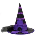 Halloween black and purple striped Oxford cloth witch hat with decorative flower - One Size / Purple Sequin Flower Style