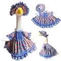 Blue floral porch goose outfit set with matching sun hat and lace trim - 23 Inches / Blue Rose / Two-Piece Set