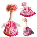 Decorative pink heart pattern dress and matching bonnet set for large porch goose statues - 23 Inches / Valentine Heart / Two-Piece Set