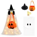 Halloween ghost costume set for porch goose with lights, hat, and pumpkin bucket. - 23 Inches / Glowing Ghost Goose / Four-Piece Set
