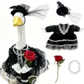 Elegant black lace funeral outfit set for porch goose with hat, rose and pearl necklace - 23 Inches / Prom Night Evening Dress Set / Four-Piece Set