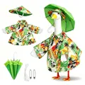 Tropical floral outfit set for porch goose with green umbrella accessory. - Suitable for 23 Inches / Top And Bottom / Five-Piece Set / Beach Palm Tree Style