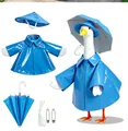 Blue raincoat set for porch goose statue including matching hat and umbrella accessory - Suitable for 23 Inches / Top And Bottom / Five-Piece Set / Shiny Blue