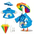 Detailed porch goose raincoat outfit set with rainbow umbrella and star patterns. - Suitable for 23 Inches / Top And Bottom / Five-Piece Set / Blue Striped Rainbow