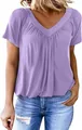 Close-up detail of a purple V-neck T-shirt with elegant pleated bust design for women. - S / Tops / Light Purple