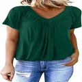 Front detail of women's dark green V-neck T-shirt with stylish front pleats - S / Tops / Dark Green