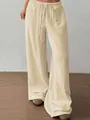 Comodi pantaloni beige a gamba larga in tessuto stropicciato con coulisse elastica - S / Bottoms / Cachi