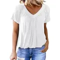 T-shirt blanc décontracté pour femmes avec col en V et détails plissés élégants - S / Hauts / Blanc