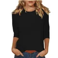 Detailansicht des schwarzen Damen-T-Shirts mit Rundhalsausschnitt und 3/4-Ärmeln - S / Oberteil / Schwarz