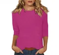 Vue détaillée d'un t-shirt magenta à col rond et manches trois-quarts pour femme - S / Haut / Rose rouge