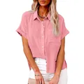 Casual women's pink linen short sleeve button-up shirt with chest pocket and loose fit. - S / Tops / Pink