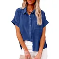 Casual loose women's short sleeve linen shirt in solid blue with front pocket detail - S / Tops / Blue
