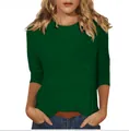 T-shirt femme vert foncé à col rond et manches 3/4 en tissu uni doux et confortable - S / Haut / Vert clair