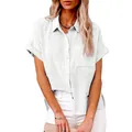 Camicia in lino bianco a maniche corte per donna con bottoni e vestibilità ampia - Bianco / S