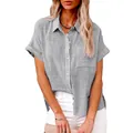 Camicia casual in lino grigio a maniche corte da donna con bottoni e taschino estiva - Grigio / S