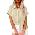 Camicia casual da donna in lino a maniche corte in kaki chiaro con colletto a bottoni. - Beige / S
