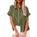Casual women's olive green linen shirt with short sleeves and comfortable loose fit - S / Tops / Army Green