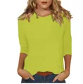 Vue détaillée du t-shirt femme vert citron à col rond et manches 3/4 minimaliste - S / Haut / Vert Fluorescent