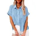 Casual women's loose-fit short-sleeve linen shirt in light blue with button-down front. - S / Tops / Sky Blue