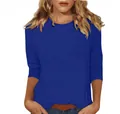T-shirt décontracté pour femme à col rond et manches 3/4, haut bleu uni élégant - S / Haut / Bleu clair