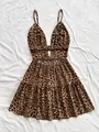 Abito leopardato sexy con profondo scollo a V, spalline sottili e dettaglio cut-out - S / Bottoms / Leopardo 1