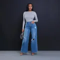 Jeans larghi a vita alta da donna con dettagli strappati e taglio dritto in blu. - S / Blu scuro