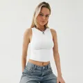 Close-up detail view of a white sleeveless crop top for women's sports and yoga fitness - S / Tops / White