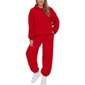 Women's casual red two-piece tracksuit with hoodie and matching loose pants - 1XL / Top And Bottom / Red