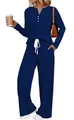 Women's navy blue ribbed knit two-piece set featuring long sleeve top and wide leg pants - S / Top And Bottom / Dark Blue
