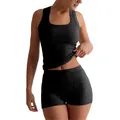Set canotta e pantaloncini a vita alta a coste da donna in grigio antracite scuro - XS / Top E Pantaloni / Nero