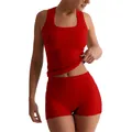 Set sexy a due pezzi in maglia a coste rosso da donna con canotta slim e pantaloncini - XS / Top E Pantaloni / Rosso