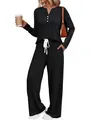 Zweiteiliges Damen-Lounge-Set aus Rippstrick mit langärmeligem Oberteil und weiter Hose - S / Oberteil Und Unterteil / Schwarz