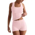 Set casual da donna in maglia a costine rosa con canotta aderente e shorts a vita alta - XS / Top E Pantaloni / Rosa Chiaro