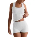 Completo due pezzi da donna con canotta a coste bianca e pantaloncini a vita alta - XS / Top E Pantaloni / Avorio