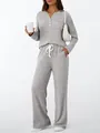 Zweiteiliges graues Strick-Loungewear-Set für Damen mit Langarm-Oberteil und weiter Hose - S / Oberteil Und Unterteil / Hellgrau