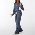 Women's blue ribbed knit two-piece lounge set with long sleeves and wide-leg pants - S / Top And Bottom / Blue