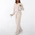 Casual oatmeal ribbed knit two-piece set featuring long-sleeve top and wide-leg pants - S / Top And Bottom / Beige Apricot
