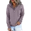 Sudadera con capucha holgada de color malva para mujer con escote abotonado y bolsillo - S / Tops / Púrpura