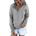 Sudadera gris informal con capucha para mujer, manga larga, botones y bolsillo frontal - S / Tops / Gris