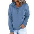 Lässiges blaues Kapuzen-Sweatshirt für Damen mit langärmligem Design und Knopfleiste - S / Oberteile / Blau