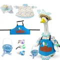 Porch goose gardener outfit set with floral dress, blue apron and straw hat - Top And Bottom / 7-Piece Set / Fresh Blue