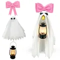 Halloween pink bow ghost costume with light-up lantern set for porch goose garden decoration - Top And Bottom / Three-Piece Set / Pink Bow Ghost
