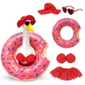 Decorative porch goose clothes set featuring red polka dot bikini and pink donut swim ring - Top And Bottom / Five-Piece Set / Red Polka Dot