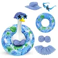Summer blue plaid porch goose outfit set including sun hat, star glasses, and inflatable ring - Top And Bottom / Five-Piece Set / Blue Plaid